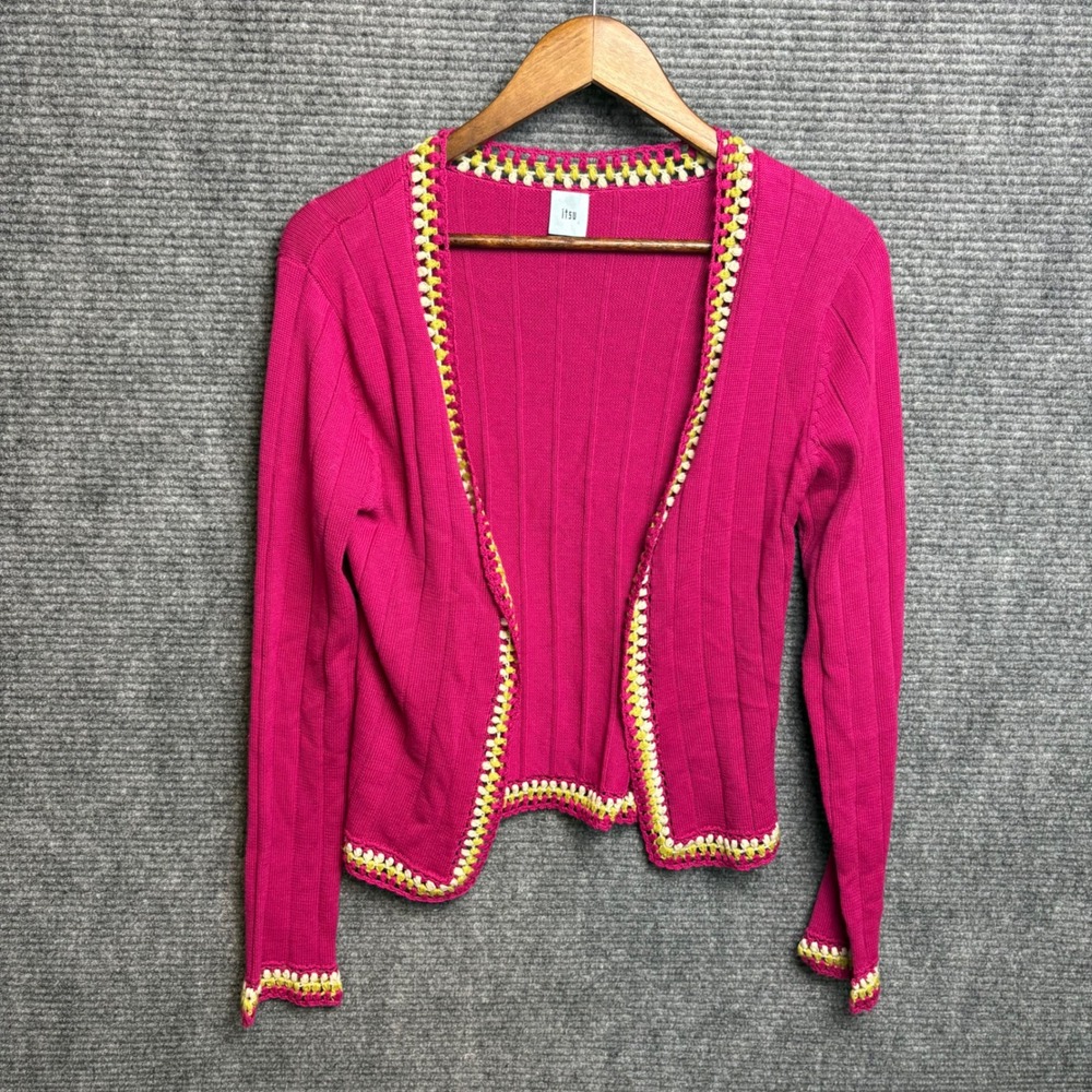 Itsu Pink Silk Blend Open Front Cardigan Crochet Trim Designer Sample Womens